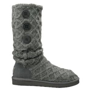 Ugg Lattice Cardy Gray Knit Sweater Boots Button Side Slip On Tall Size 6